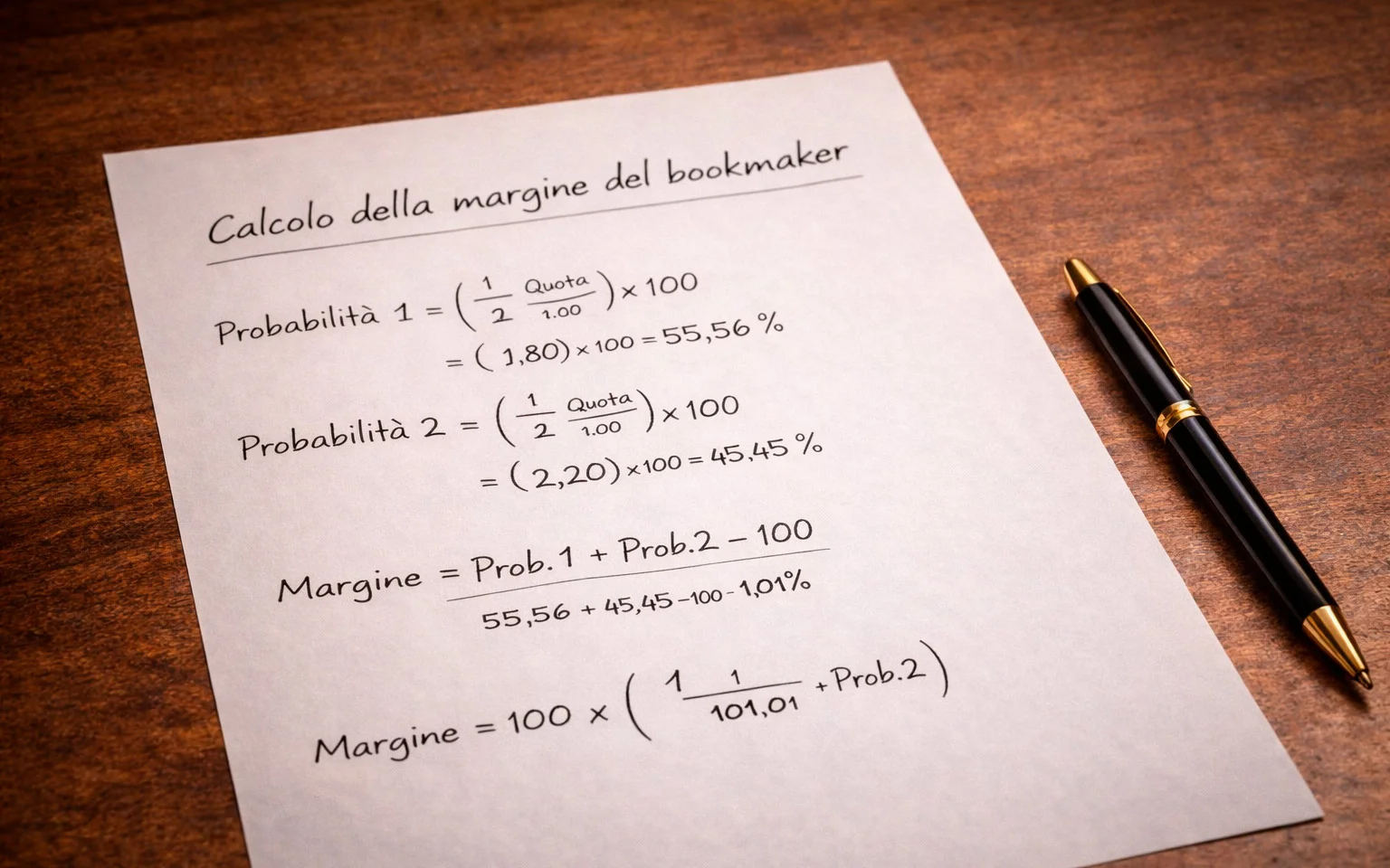 Documento con formule per calcolare il margine del bookmaker