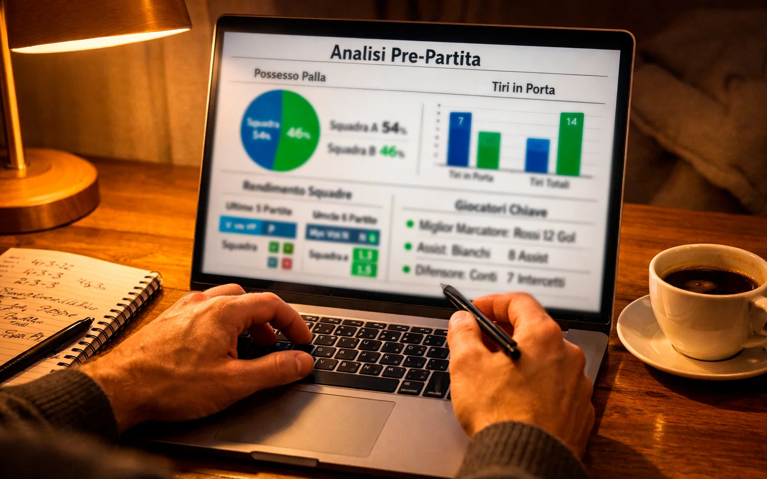 Persona che analizza statistiche di calcio su laptop con appunti