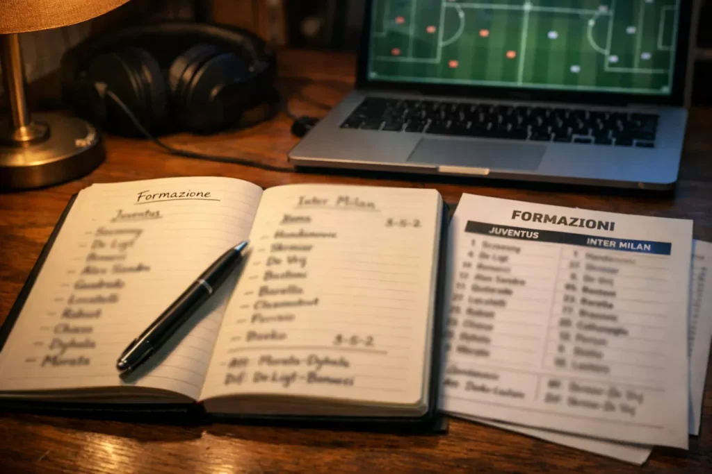 Analista sportivo che studia statistiche di calcio su un quaderno con appunti e dati delle squadre