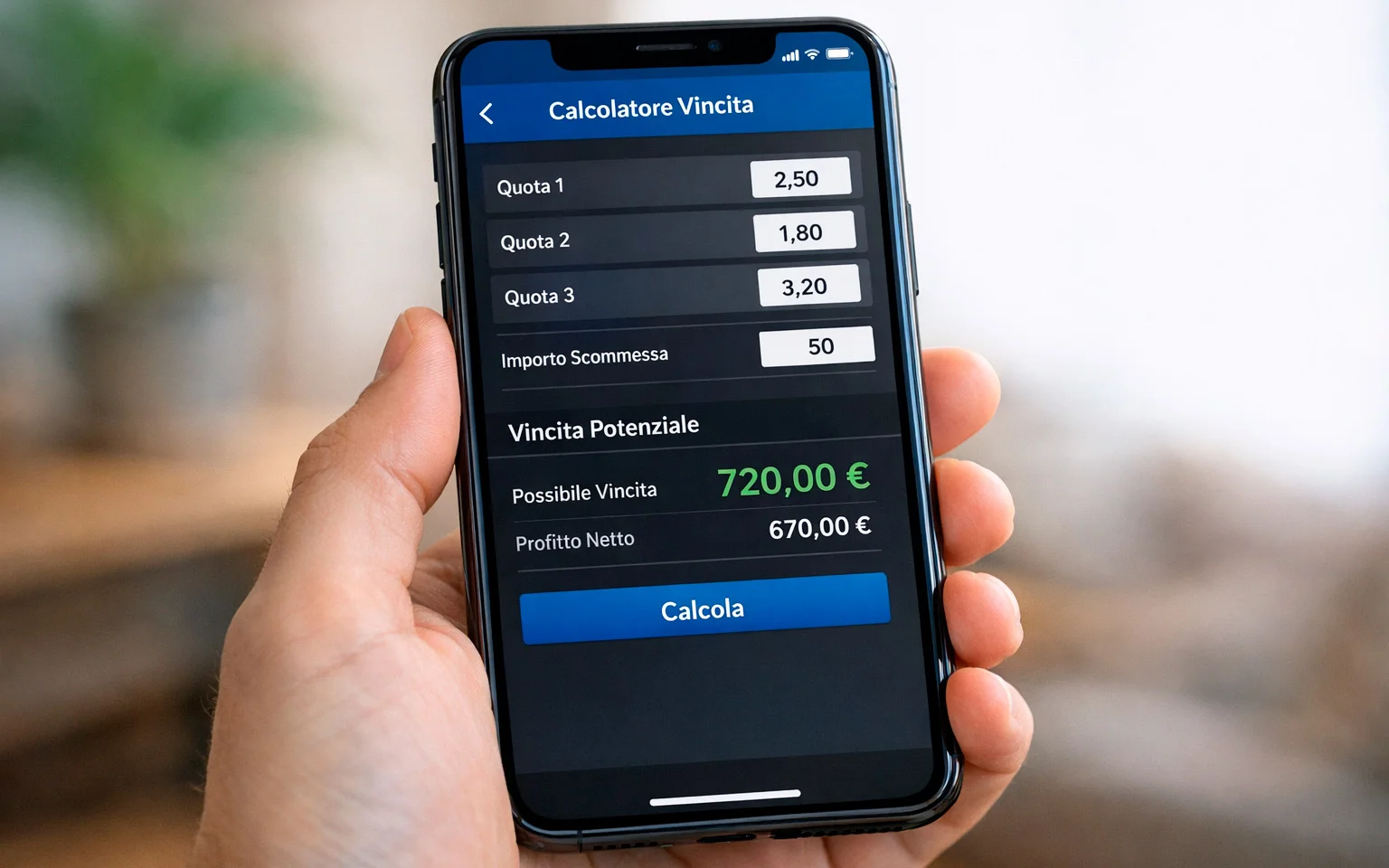 Smartphone con app per calcolare le vincite delle scommesse