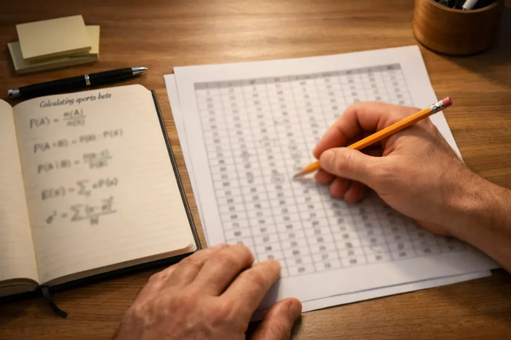 Persona che analizza combinazioni di scommesse su un foglio di lavoro con numeri e tabelle
