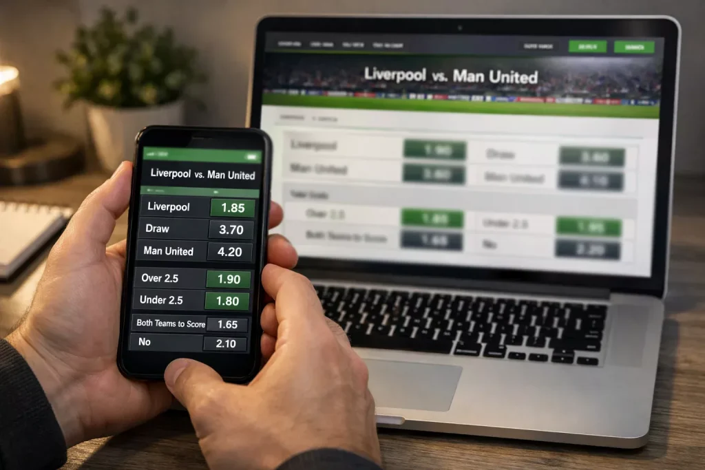 Schermo di computer con diverse quote di bookmaker affiancate per una partita di calcio