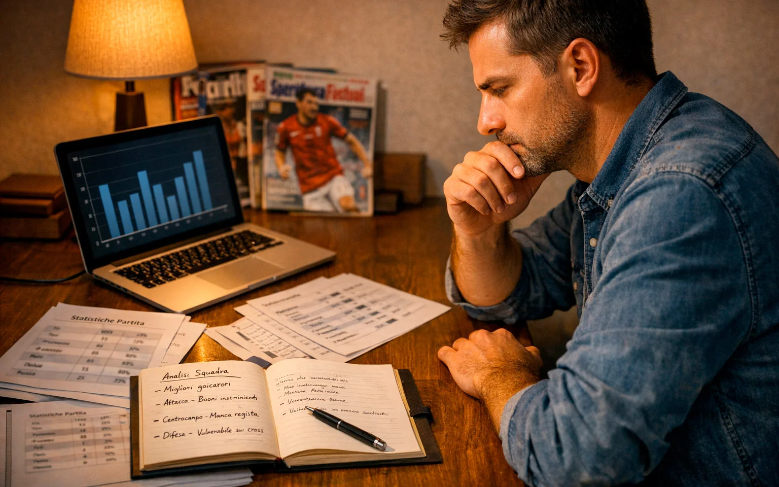 Analista sportivo che studia statistiche delle partite di calcio