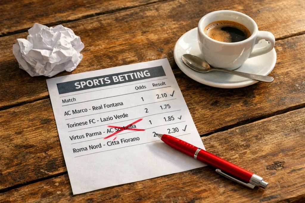 Schedina di scommesse sportive con una penna rossa che segna correzioni su un tavolo di legno