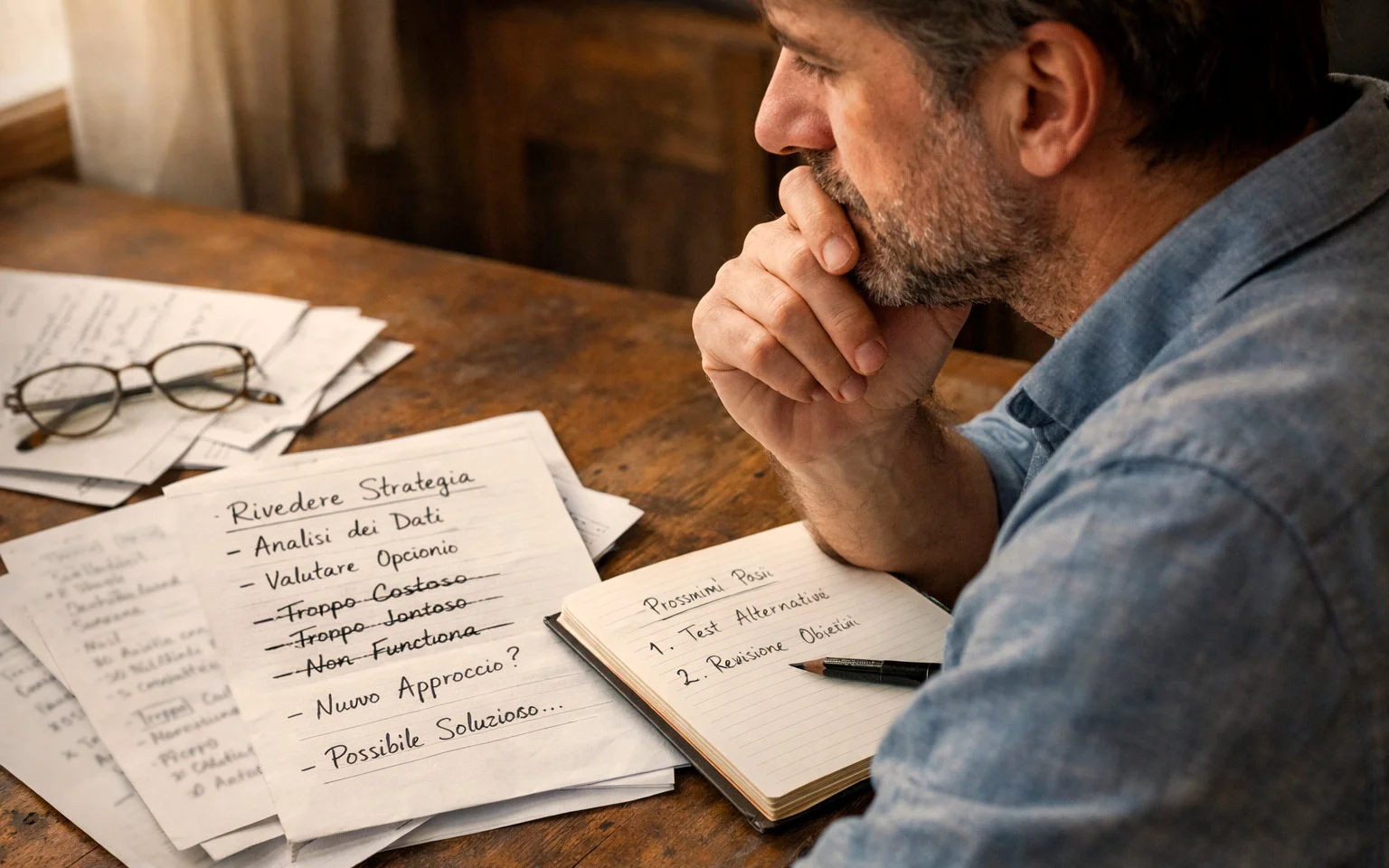 Scommettitore pensieroso che riflette su fogli con annotazioni