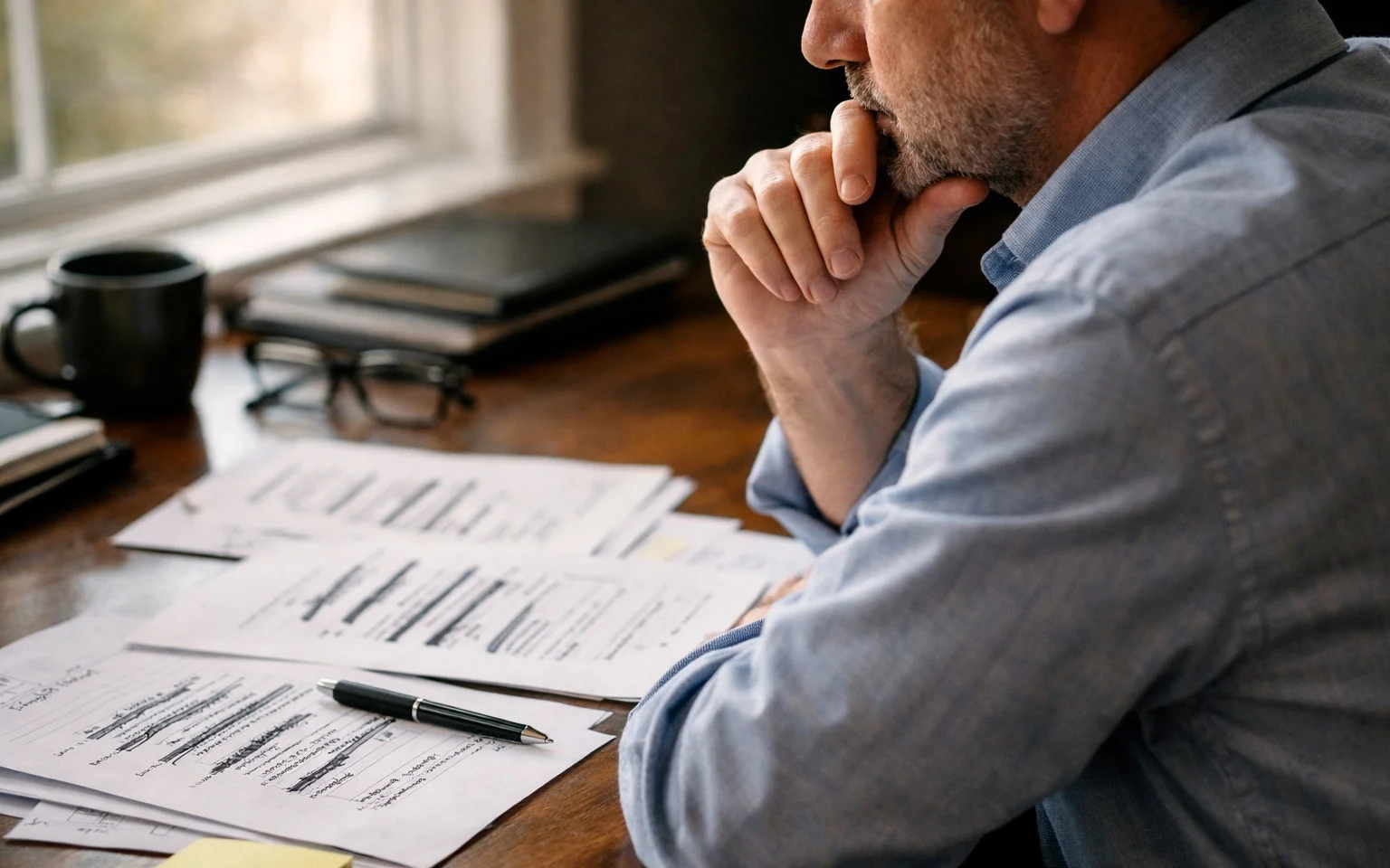 Persona che riflette attentamente prima di confermare una scommessa