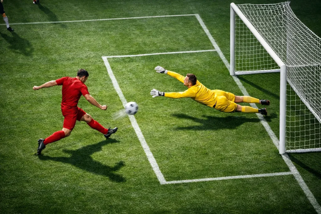 Visuale dal campo da calcio con sovrapposizione di zone di tiro e aree di rigore per analisi xG