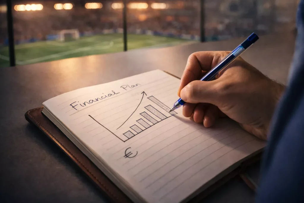 Quaderno con piano di gestione del bankroll per scommesse sul calcio