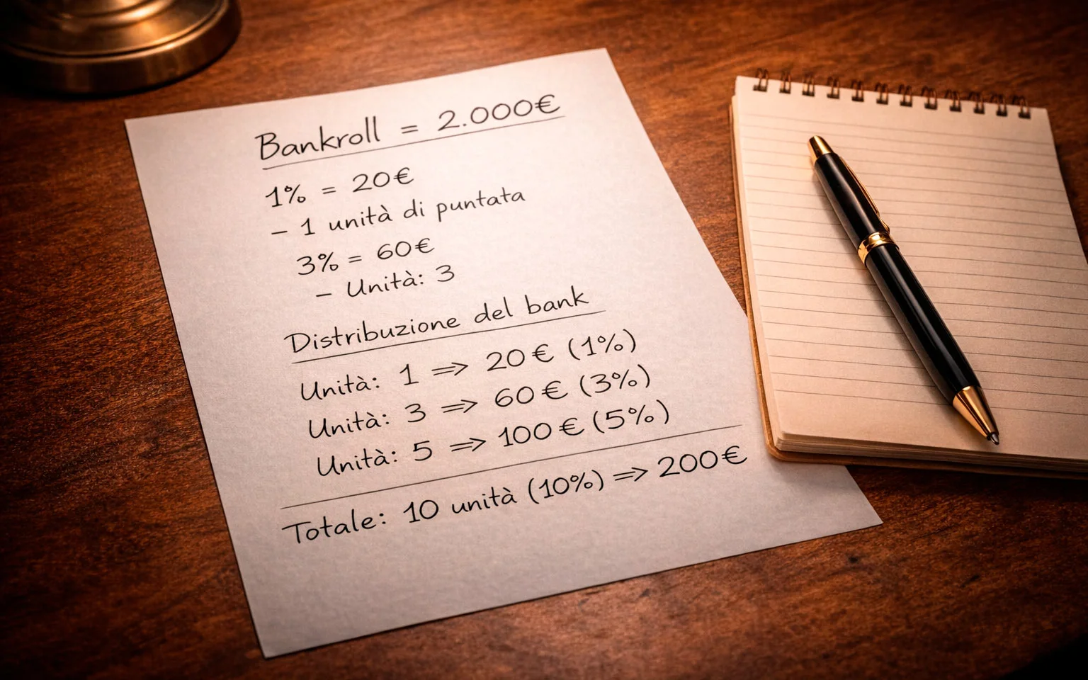 Foglio con calcoli delle puntate e percentuali del bankroll