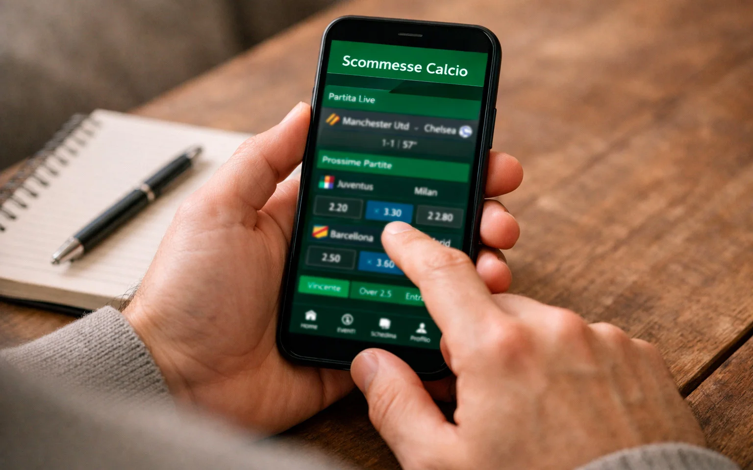 Persona che seleziona partite su smartphone per una scommessa