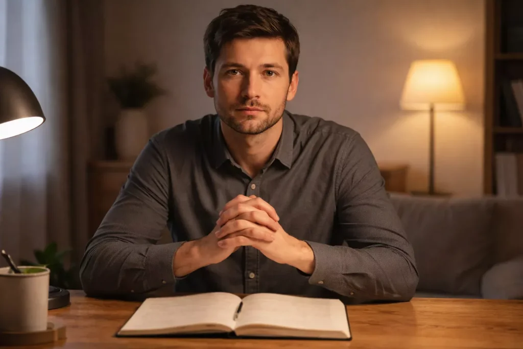 Uomo concentrato che riflette con calma davanti a un quaderno con appunti sulle scommesse sportive