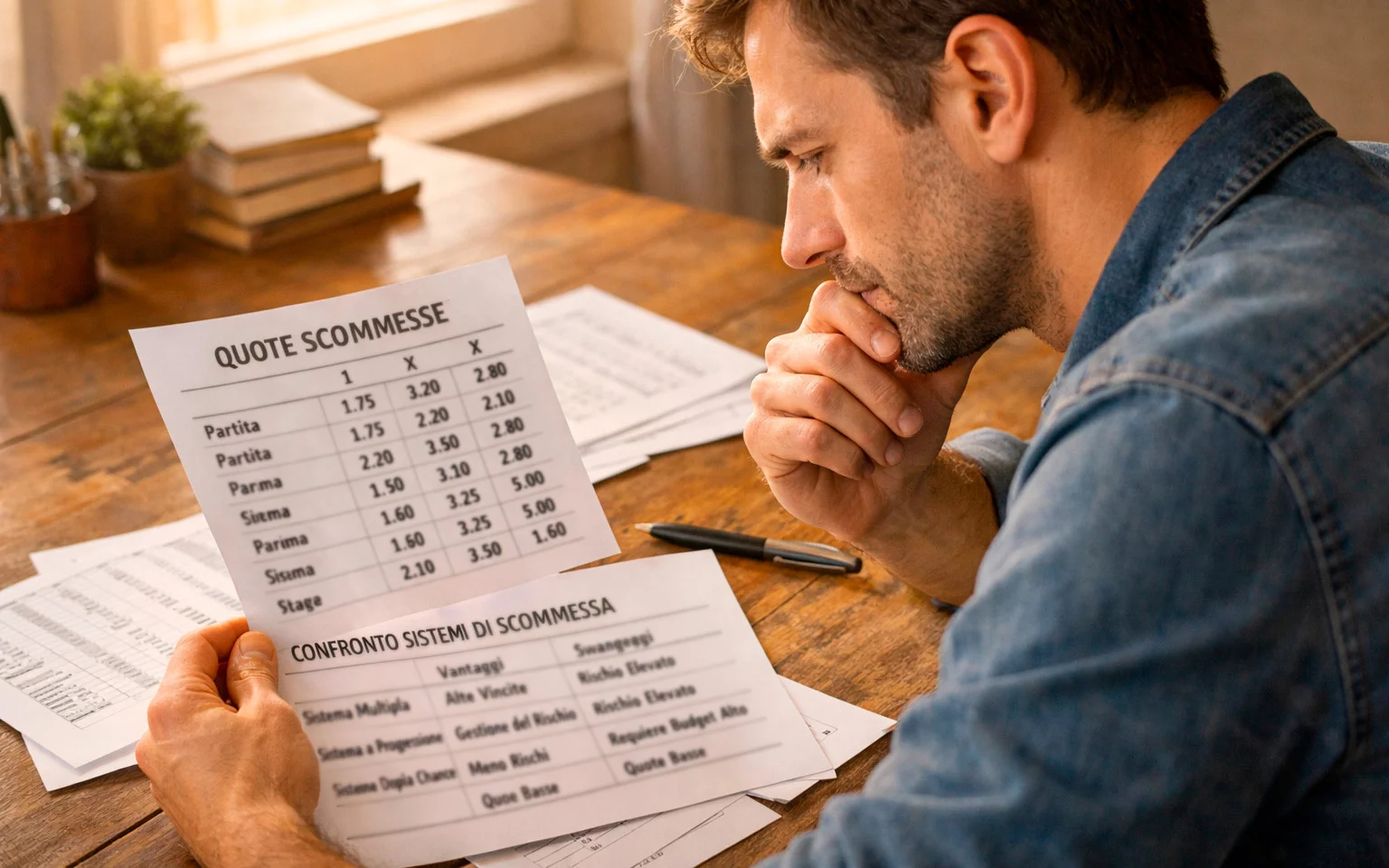 Scommettitore che valuta le opzioni di sistema su documenti