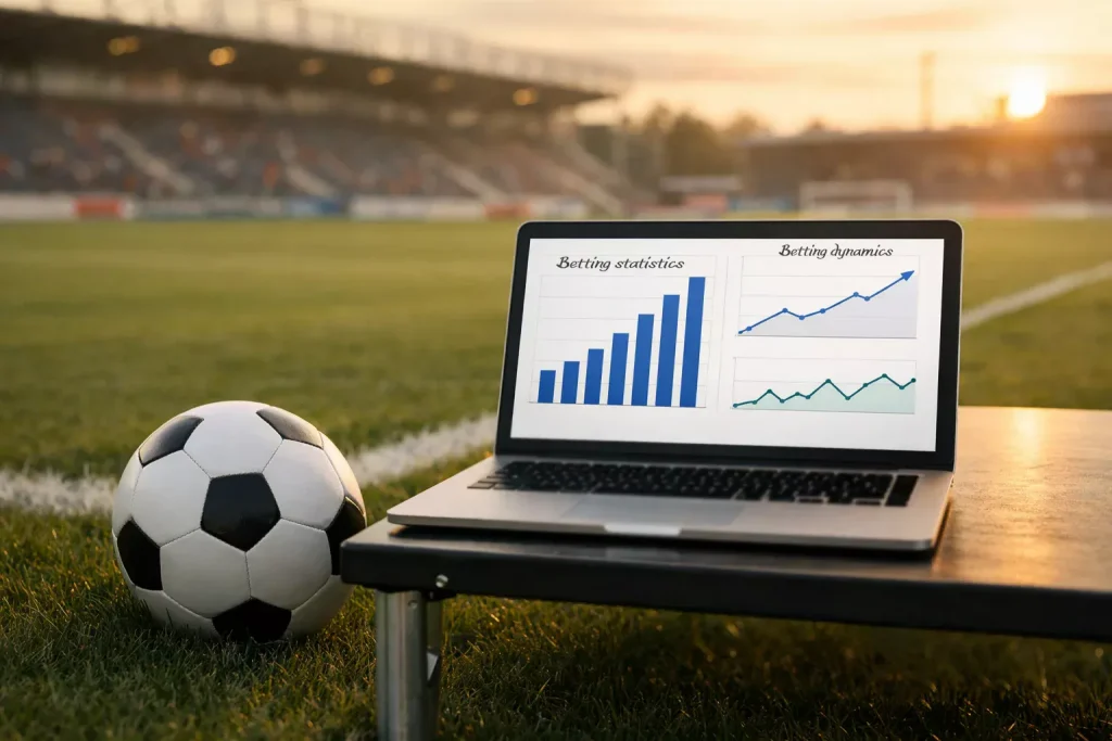 Laptop aperto su un campo da calcio con grafici di analisi dati e un pallone accanto