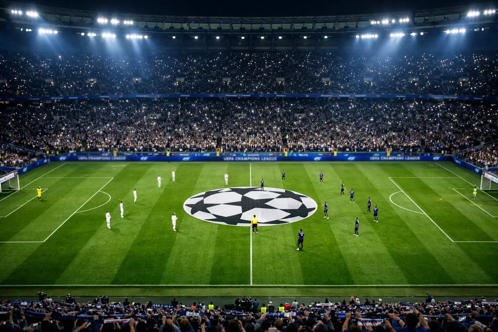 Stadio europeo di Champions League con campo verde illuminato da riflettori durante una partita notturna