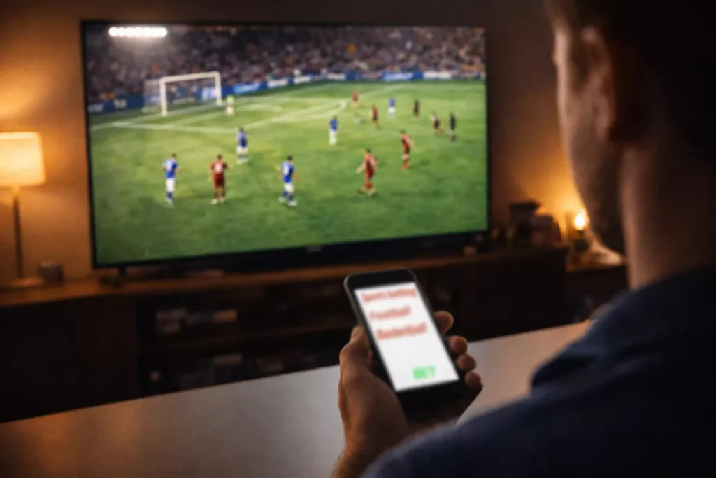 Tifoso che segue una partita di calcio in diretta sullo smartphone