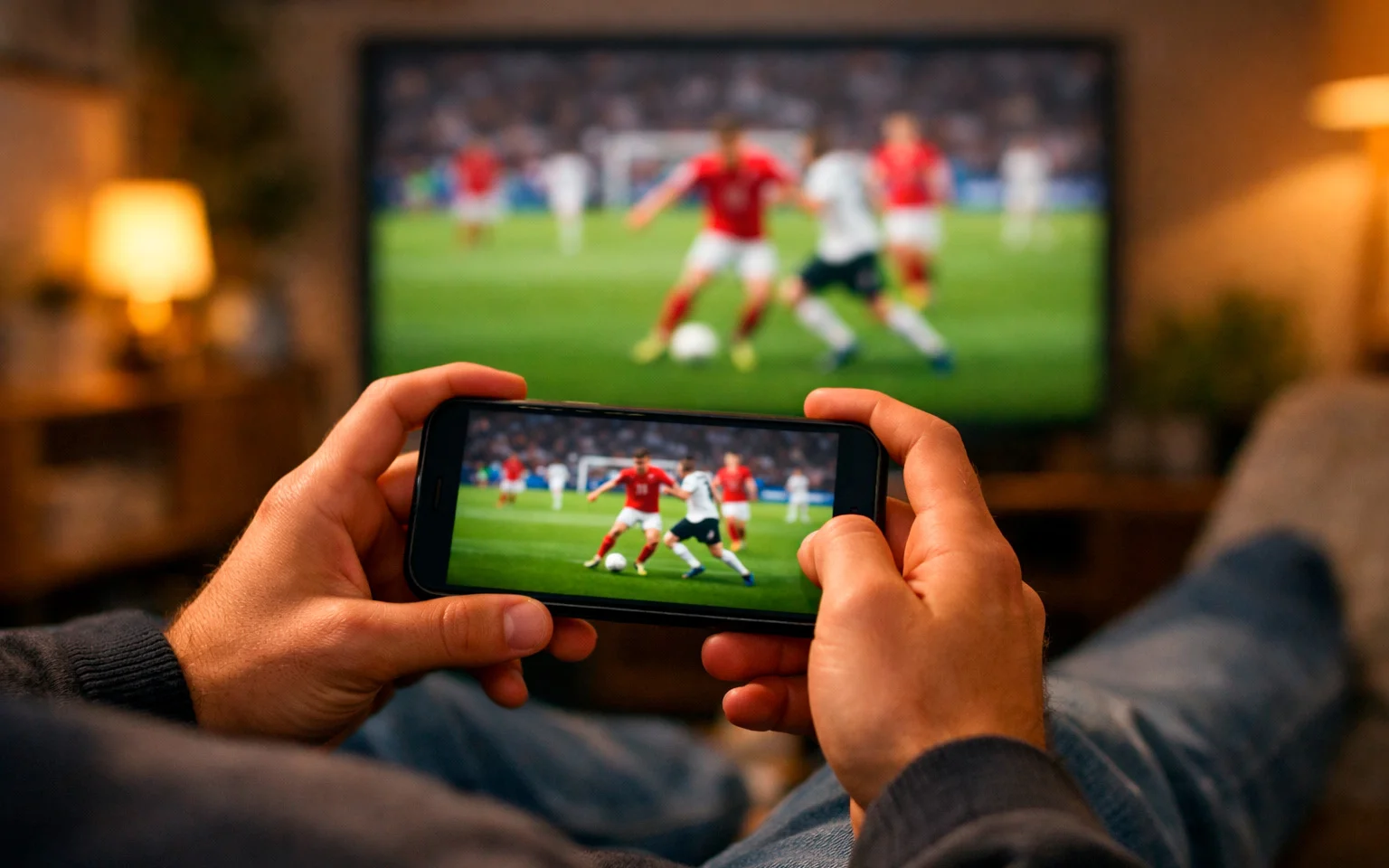 Persona che segue partita di calcio in diretta su smartphone