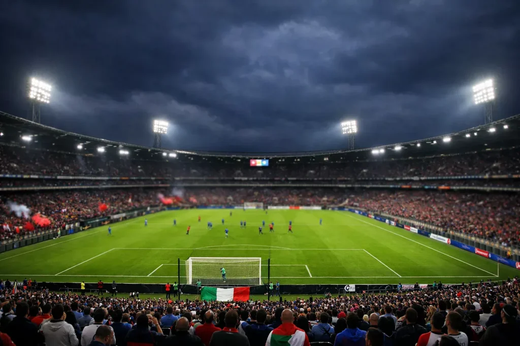 Panoramica di uno stadio italiano di Serie A durante una partita serale