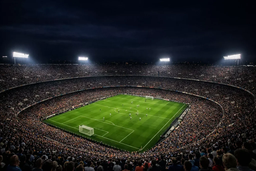 Panoramica notturna di uno stadio di calcio gremito con luci accese e atmosfera intensa