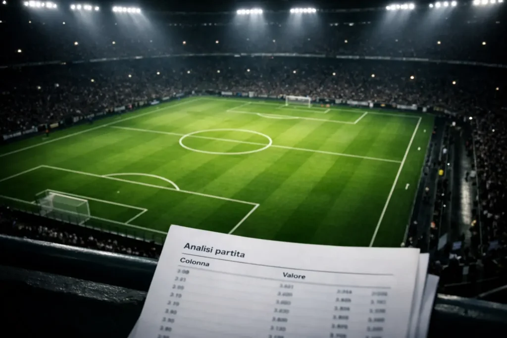 Visione dall'alto di uno stadio di calcio illuminato con appunti di analisi in primo piano