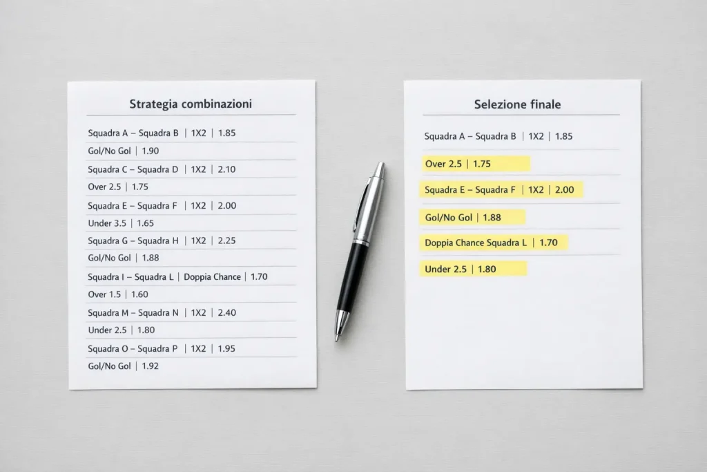 Due fogli di strategie scommesse affiancati su una scrivania con stadio di calcio in lontananza