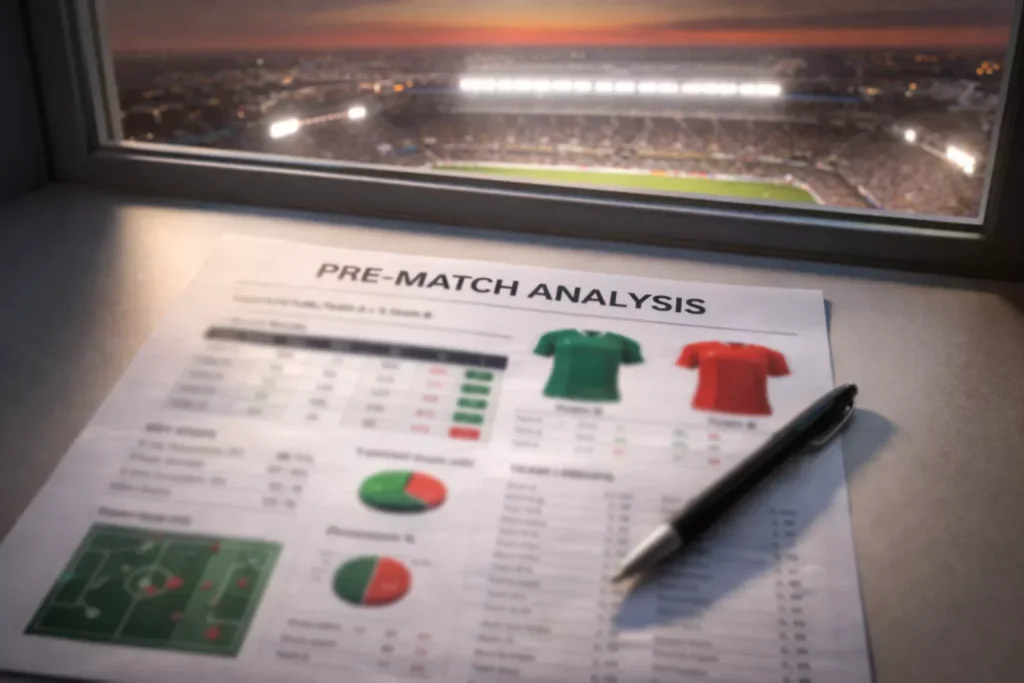 Foglio con analisi pre-partita e penna su sfondo di campo da calcio illuminato