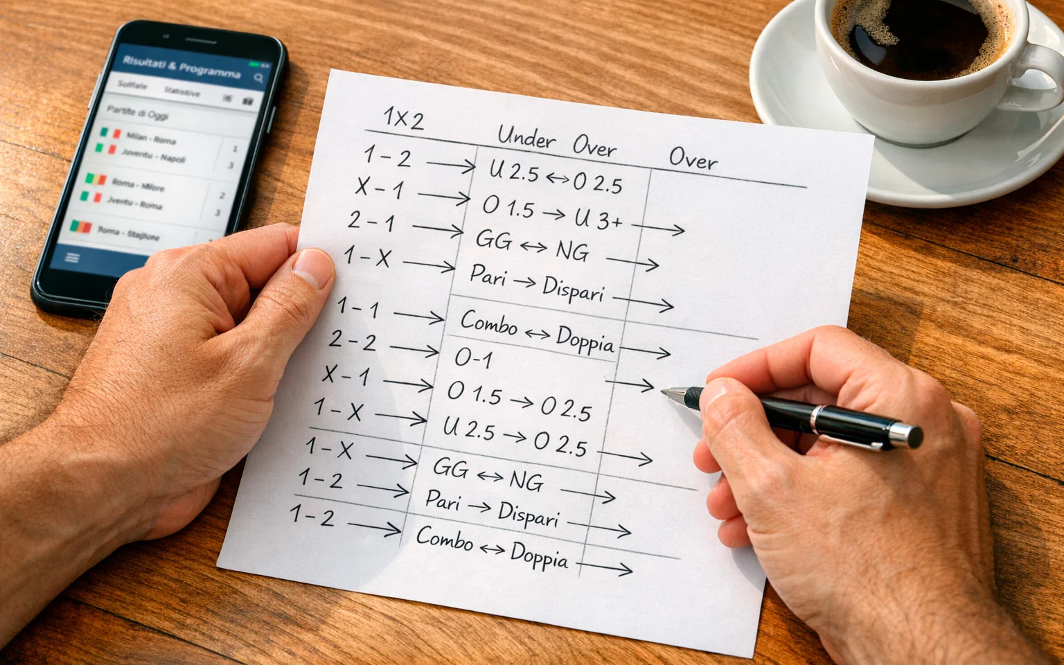 Persona che analizza combinazioni di scommesse su un foglio con appunti