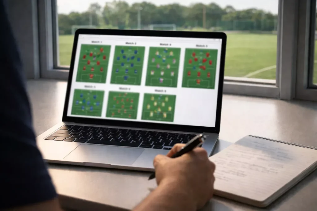 Scommettitore che analizza cinque partite su un notebook con campo da calcio verde sullo sfondo