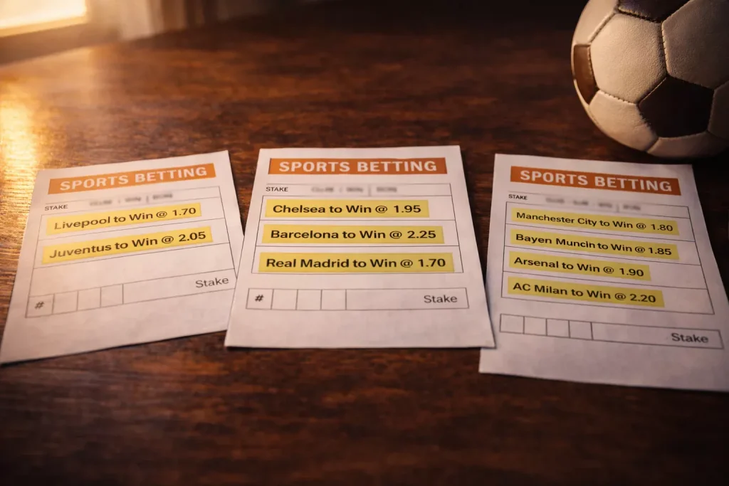 Tre schedine sportive affiancate su un tavolo con pallone da calcio e luce calda