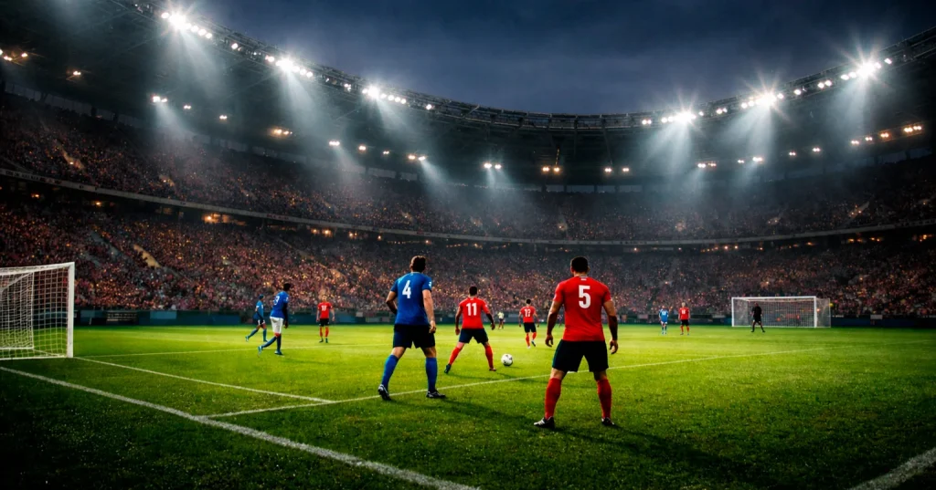 Stadio di calcio italiano illuminato durante una partita serale
