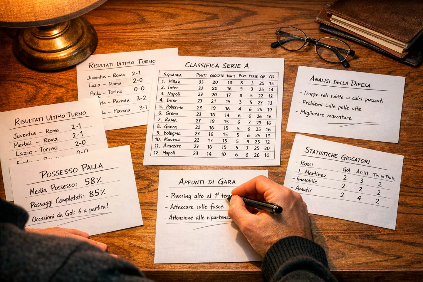 Analista sportivo che studia statistiche di calcio su documenti