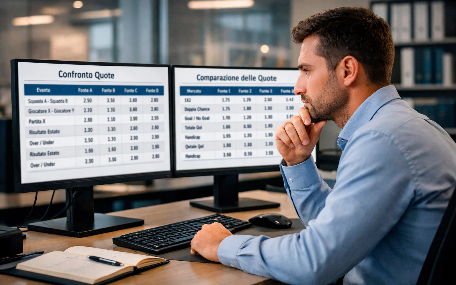 Analista che confronta quote di diversi bookmaker su monitor
